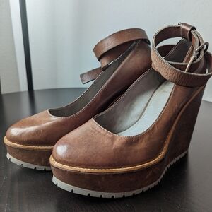 Brunello Cucinelli Designer Platform Leather Wedges Heels